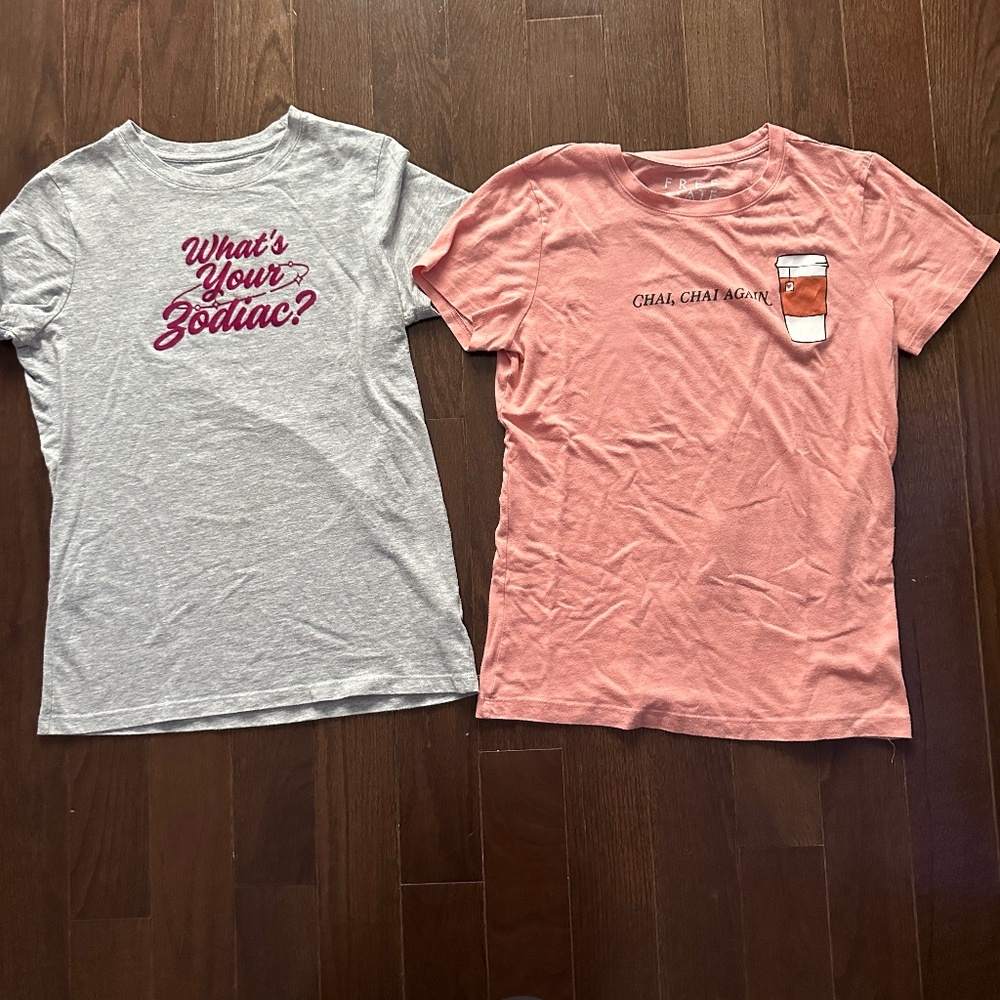 2 Large Aeropostale T-shirts: "Chai Chai Again" and "What's Your Zodiac."